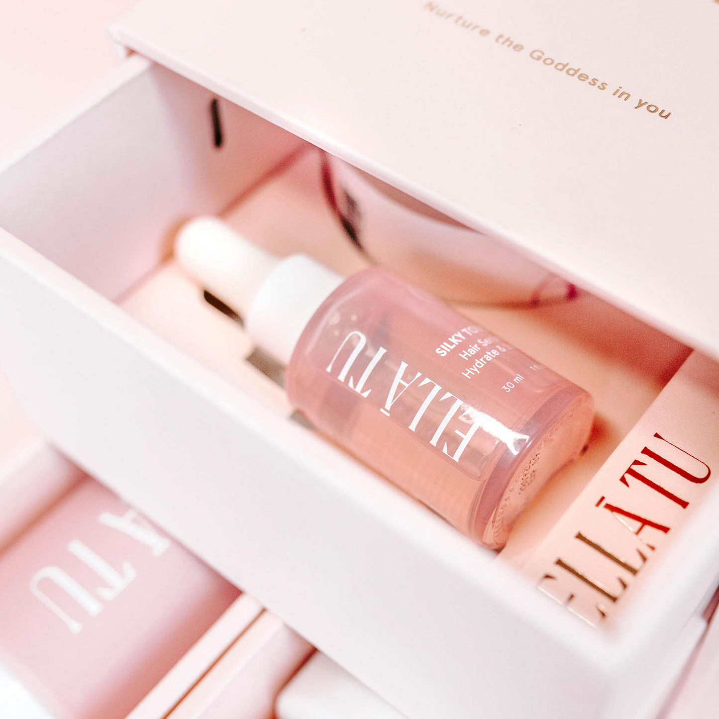 The complete line of Ellatu products, shampoo, conditioner, hair mask, hair serum and hair fragrance (perfume). Formulated specifically for dry, damaged, color-treated, chemically-treated, frizzy, curly, hair with ingredients such as Fiberhance, Hyaluronic Acid, Moringa Oil, Castor Oil and Vitamin E.
