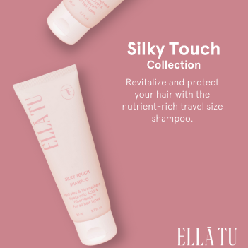 The Ellātu Travel Size shampoo, specially formulated for dry, damaged hair, in a convenient, TSA approved size.