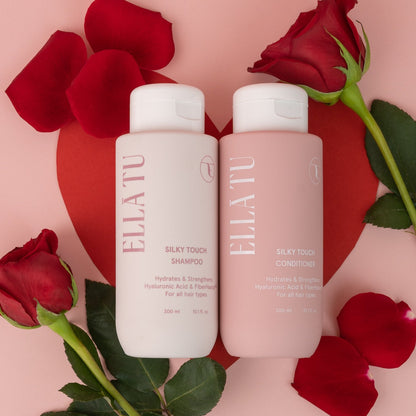 The Ellatu Silky Touch Shampoo and Conditioner for damaged, dry, frizzy hair. Formulated with Fiberhance, Hyaluronic Acid, Castor and Moringa Oil